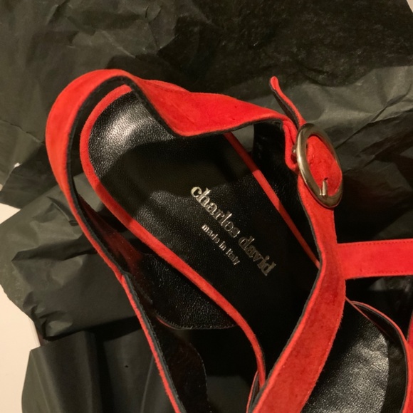 CHARLES DAVID Roan Red Suede Platform Block Heel Ankle Strap Sandals 41 - Picture 11 of 16
